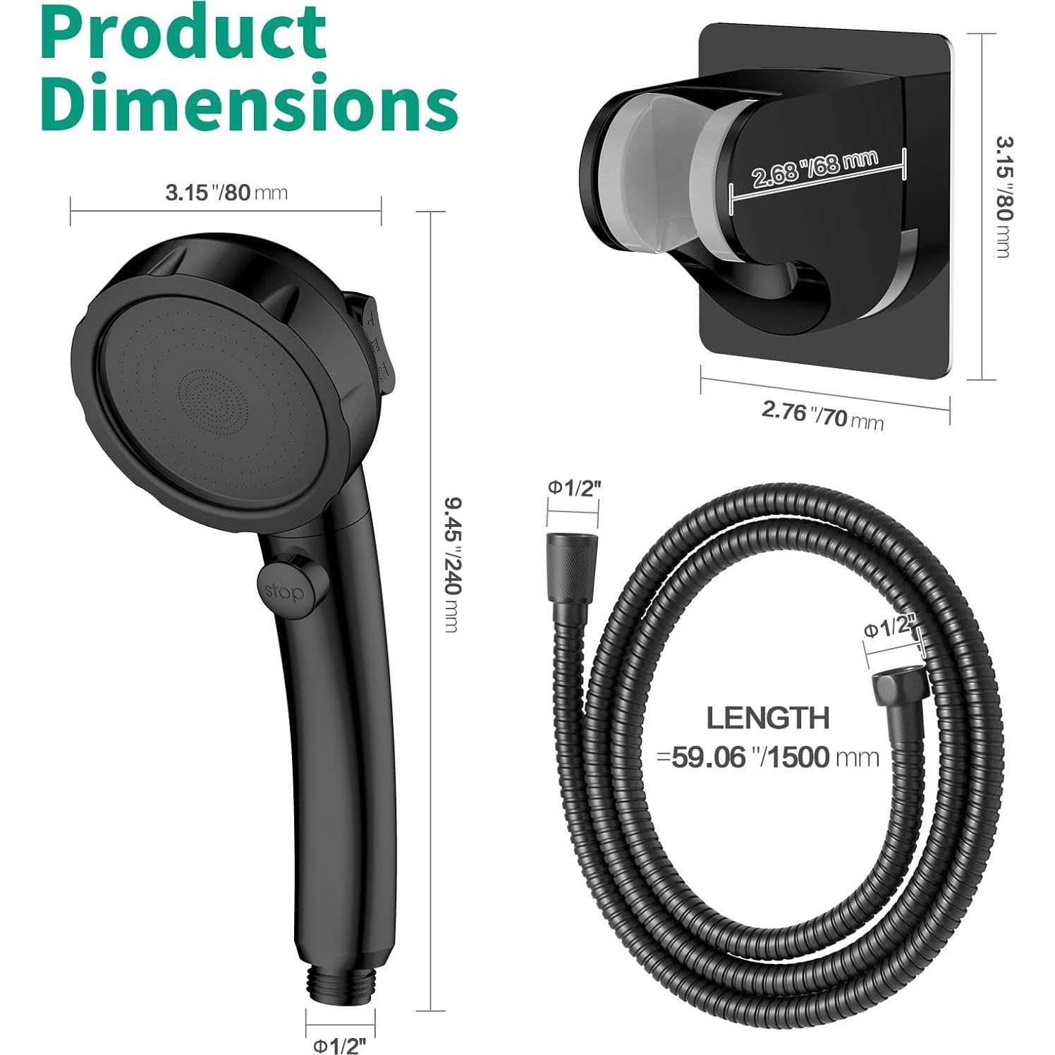 Cabezal de Ducha HEROBAI Alta Presión 3 Modos Ahorra Agua Negro