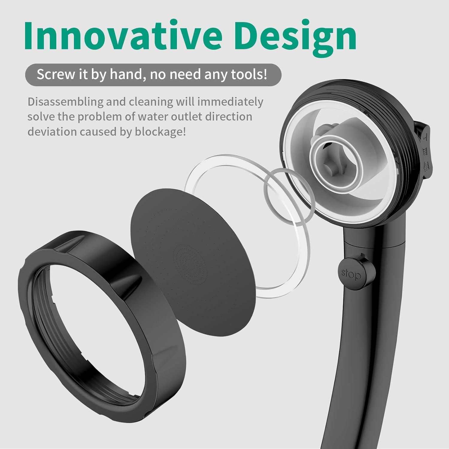 Cabezal de Ducha HEROBAI Alta Presión 3 Modos Ahorra Agua Negro