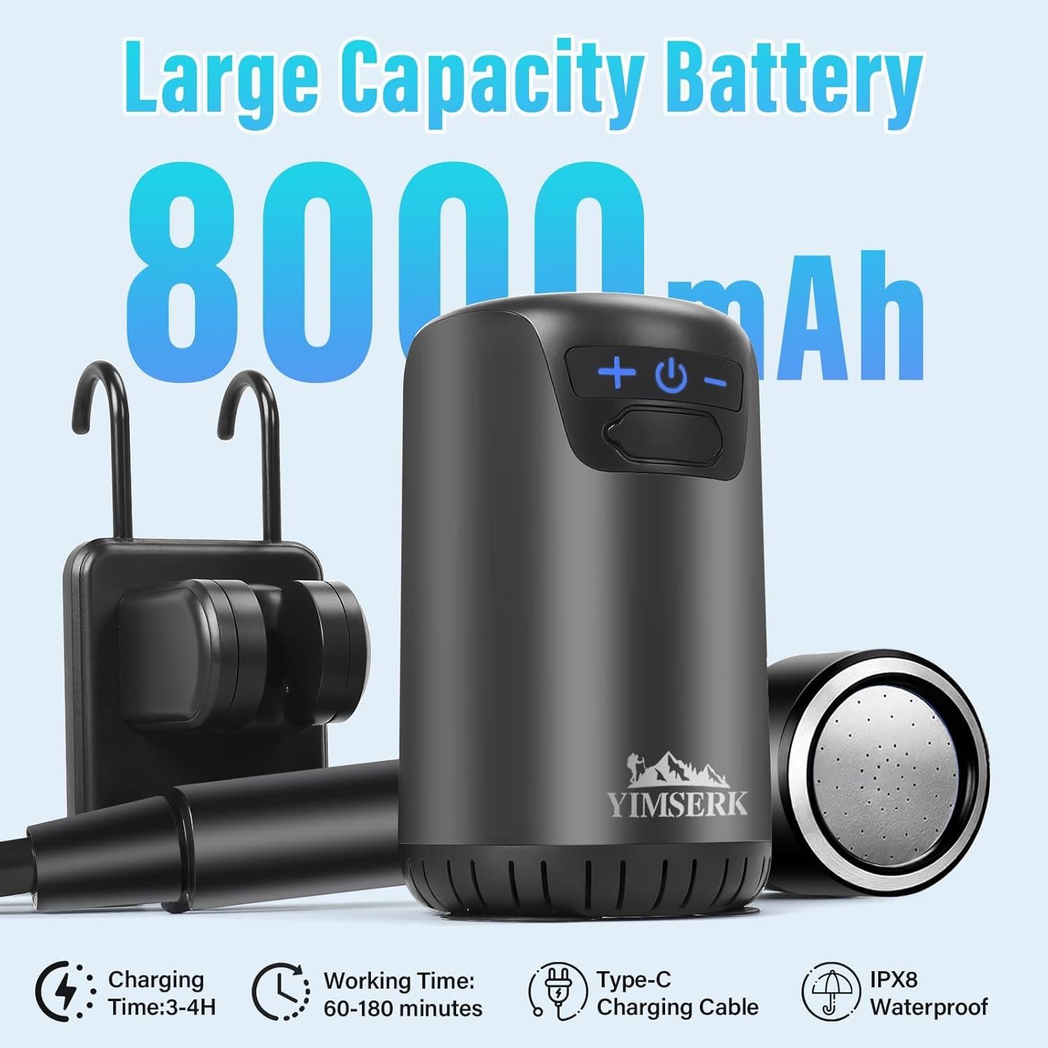 Ducha portátil de camping Yimserk 8000mAh 10 velocidades IPX8
