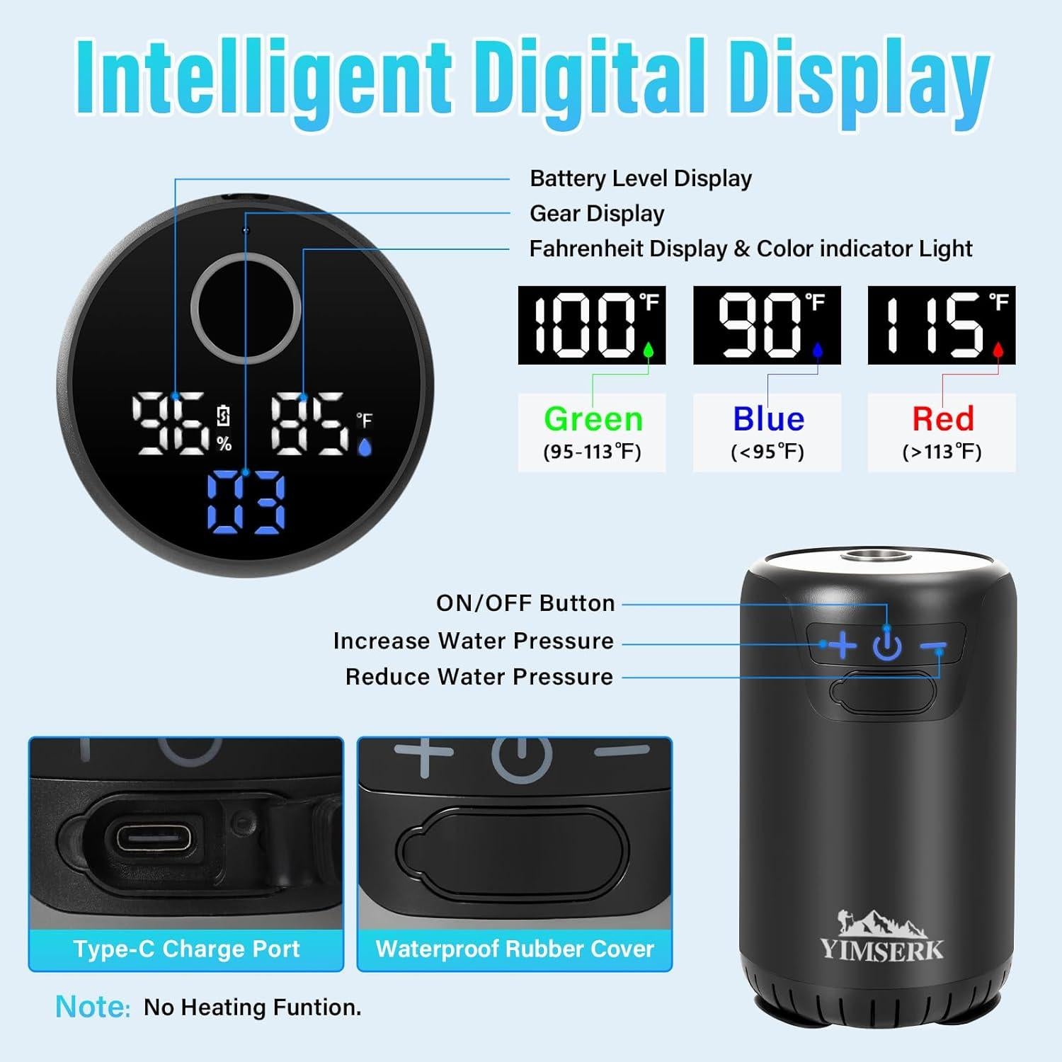 Ducha portátil de camping Yimserk 8000mAh 10 velocidades IPX8