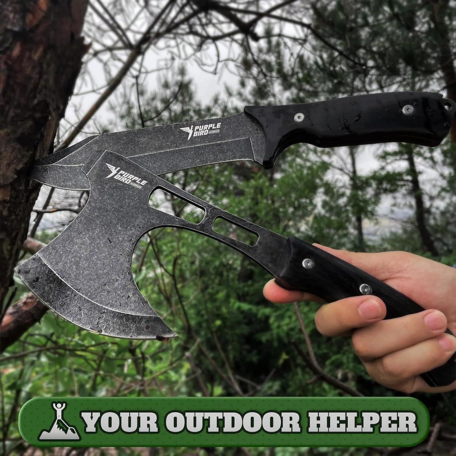 Set de Hachas y Cuchillo Purplebird para Camping - Acero Carbono