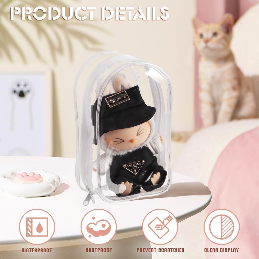 Bolsa de exhibición transparente Labubu con ropa de muñeca 19.2x14.7cm