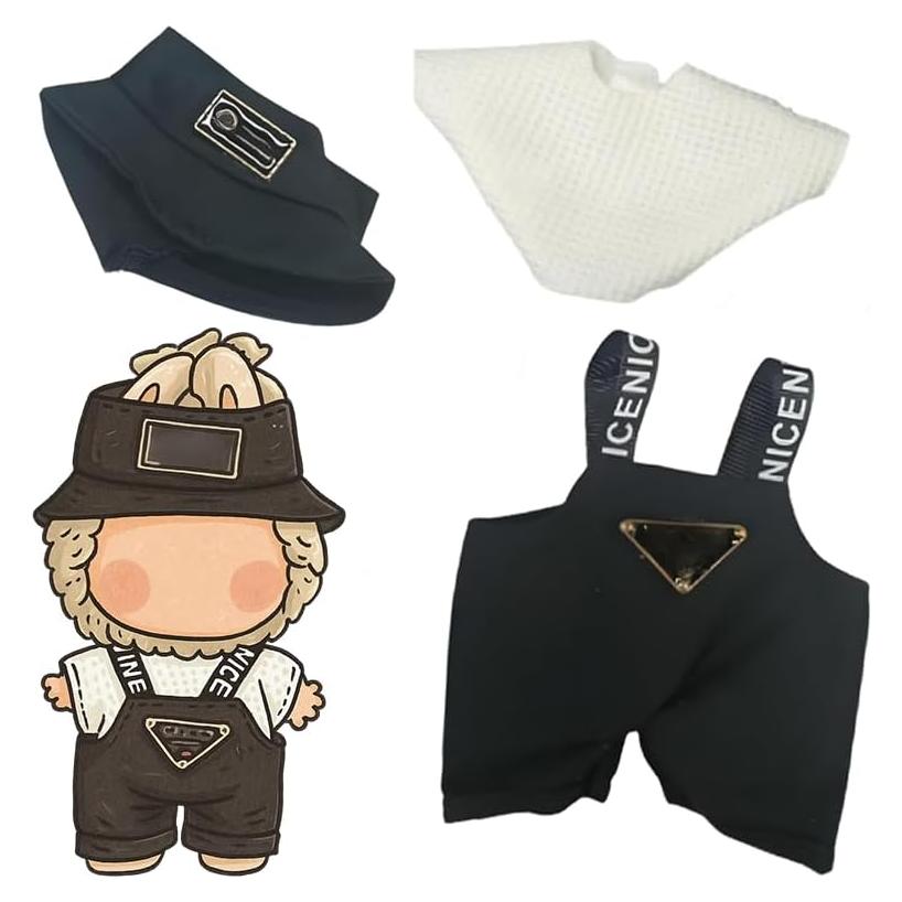 17cm Clothing for Doll (Non-Doll), 17cm Hat and Overalls Set for Doll, Cute Clothing for Doll, Unique Style (Black)