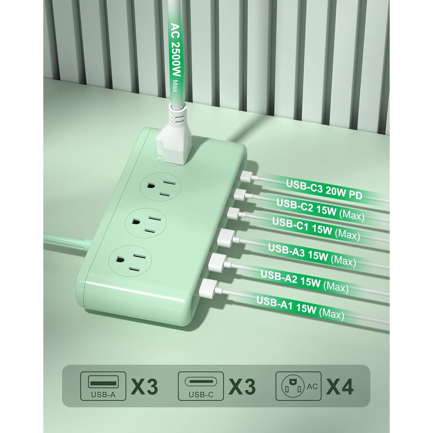 Regleta de Alimentación VPSUN 10 en 1 con USB C 35W Verde