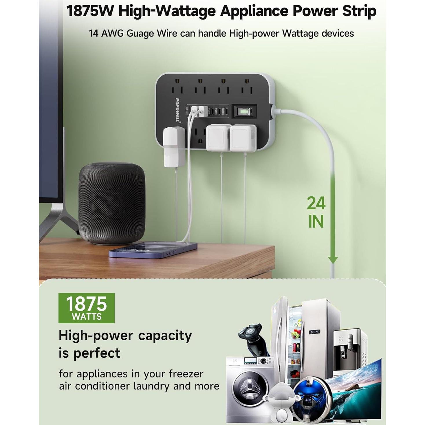 Regleta de Alimentación Popowell 61cm 8 Salidas AC 6 USB 4.8A