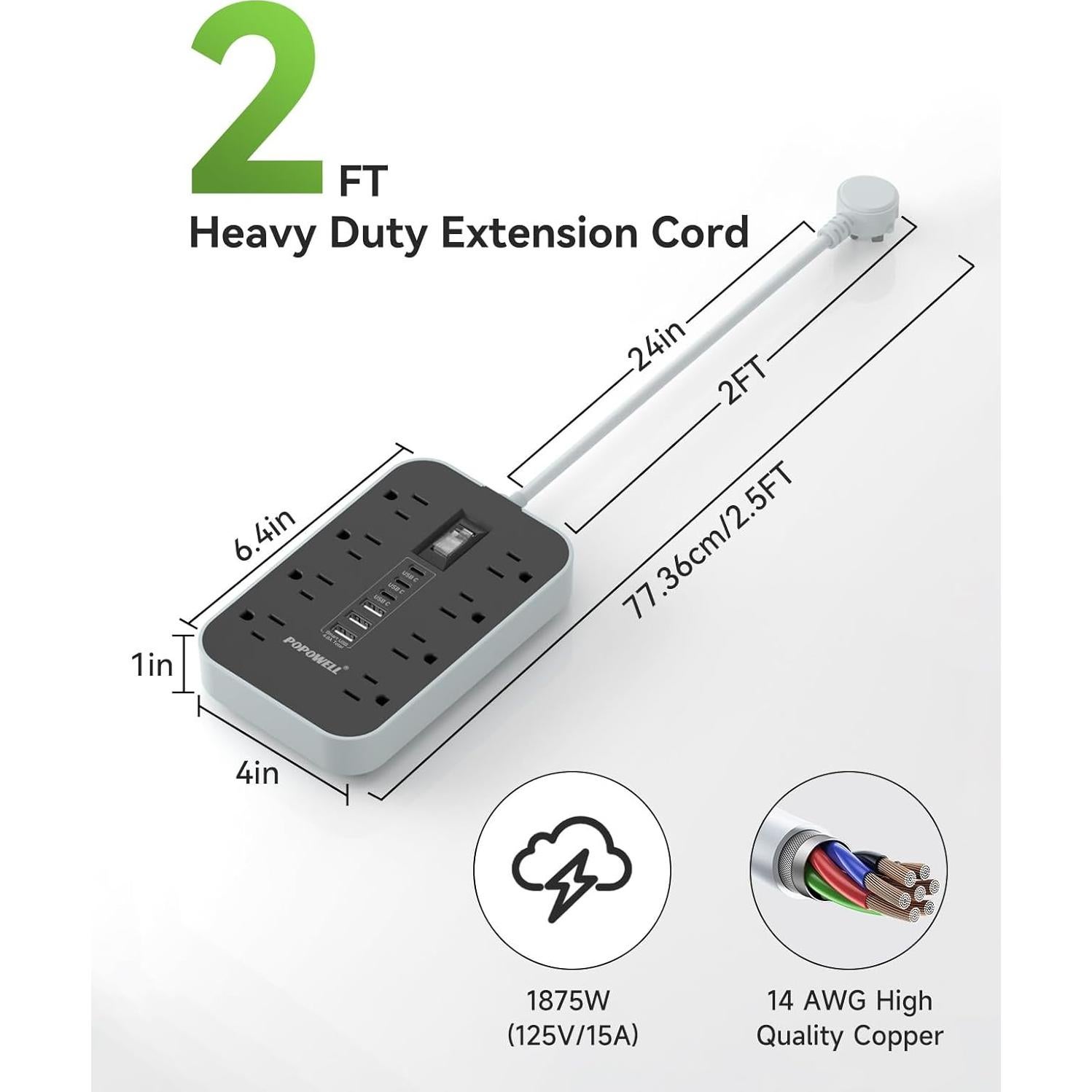 Regleta de Alimentación Popowell 61cm 8 Salidas AC 6 USB 4.8A