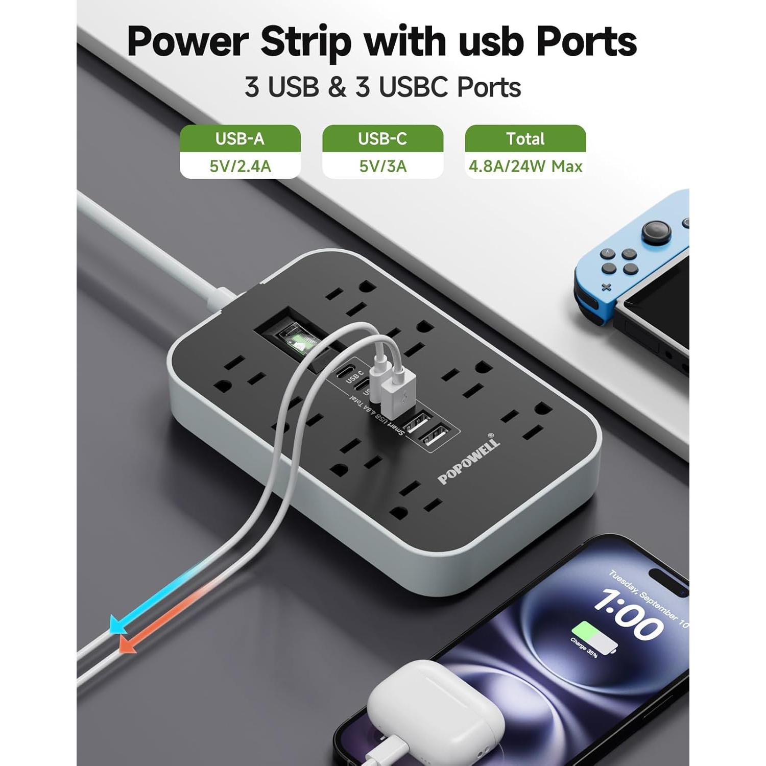 Regleta de Alimentación Popowell 61cm 8 Salidas AC 6 USB 4.8A