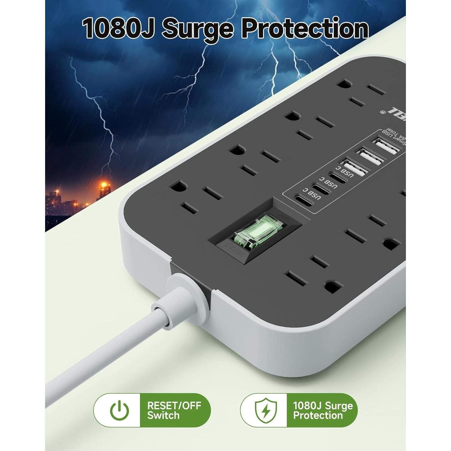 Regleta de Alimentación Popowell 61cm 8 Salidas AC 6 USB 4.8A