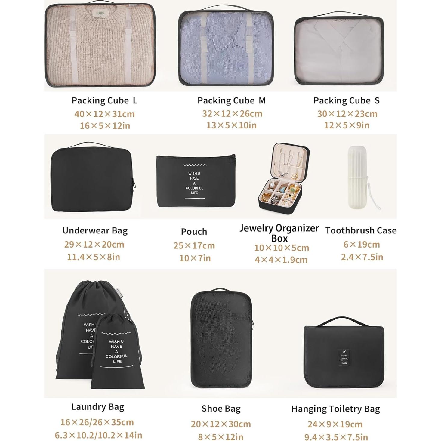 Juego de Cubos de Empaque 11 TRMFUSA Negro Organizador de Viaje