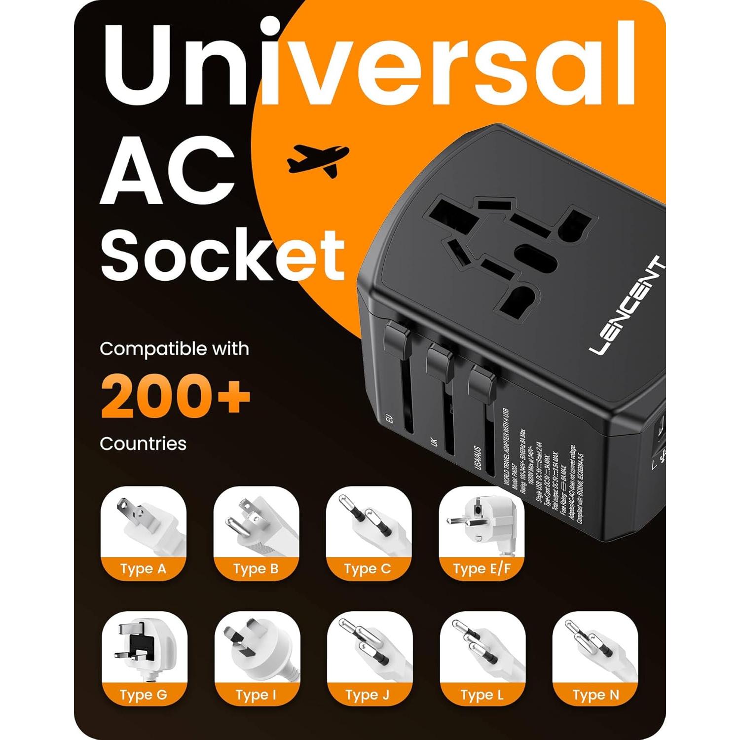 Adaptador de corriente universal LENCENT 5 en 1 con 4 enchufes y 4 puertos USB