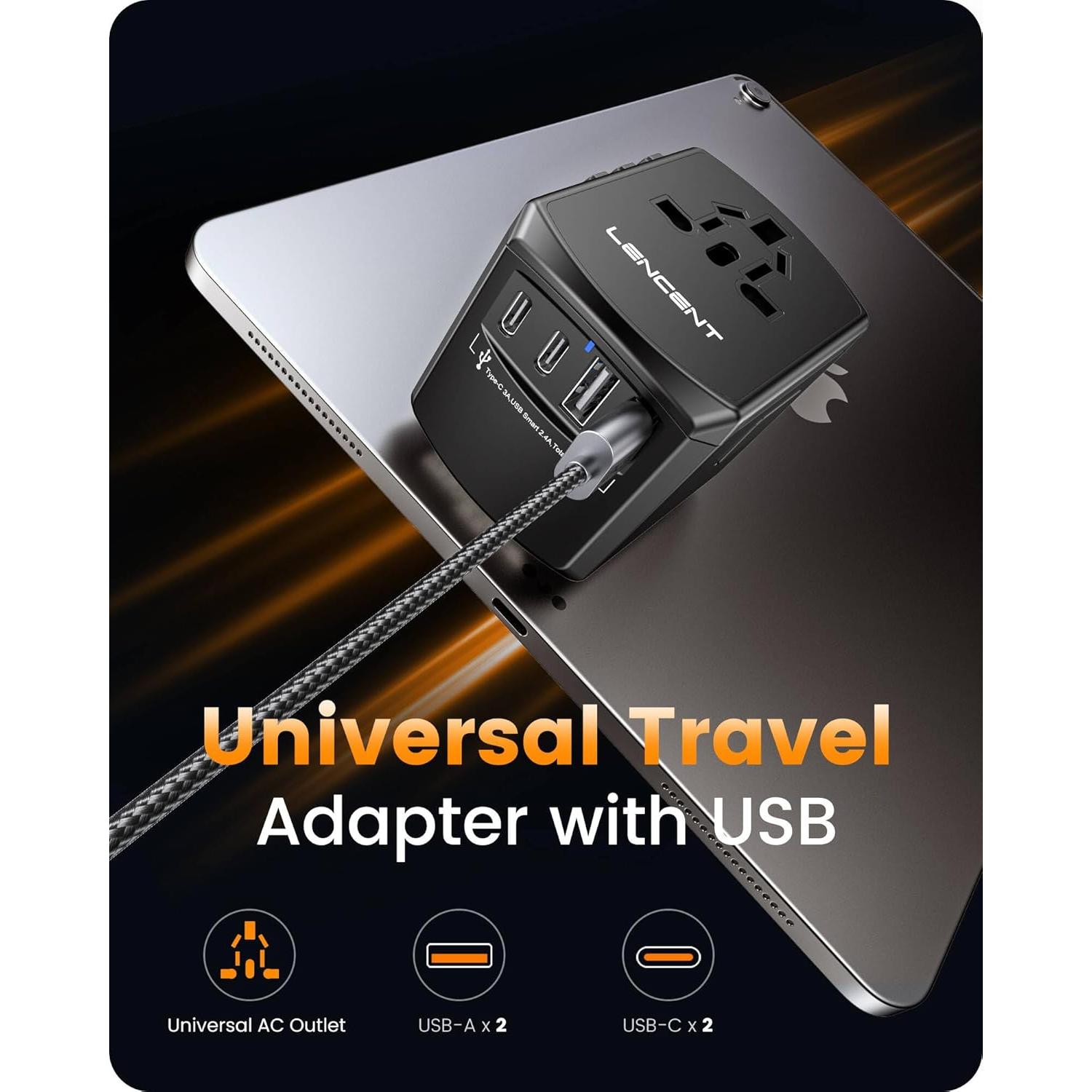 Adaptador de corriente universal LENCENT 5 en 1 con 4 enchufes y 4 puertos USB