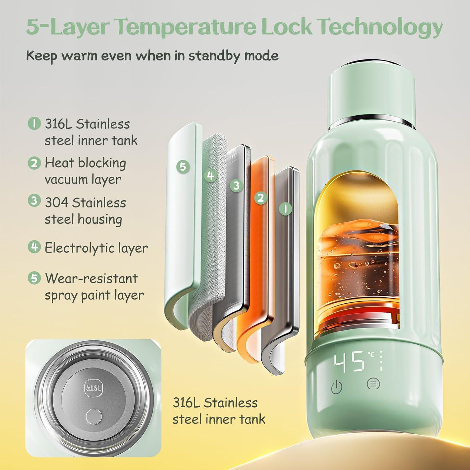 Calentador de Botellas Portátil Verde 500 ml con Pantalla LED