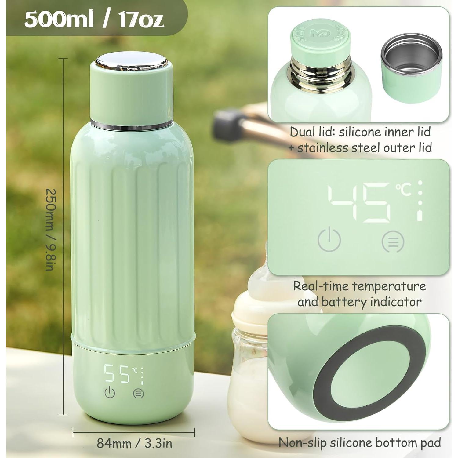 Calentador de Botellas Portátil Verde 500 ml con Pantalla LED