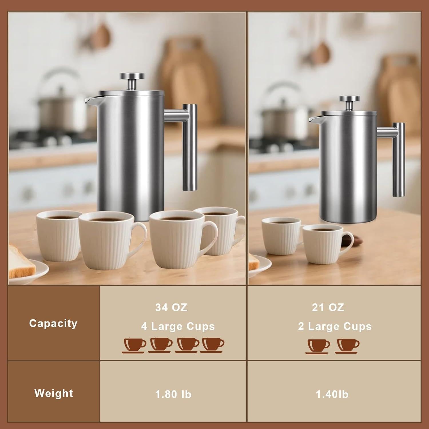 Prensa Francesa de Café AgcKuzt 34 oz Acero Inoxidable Doble Pared