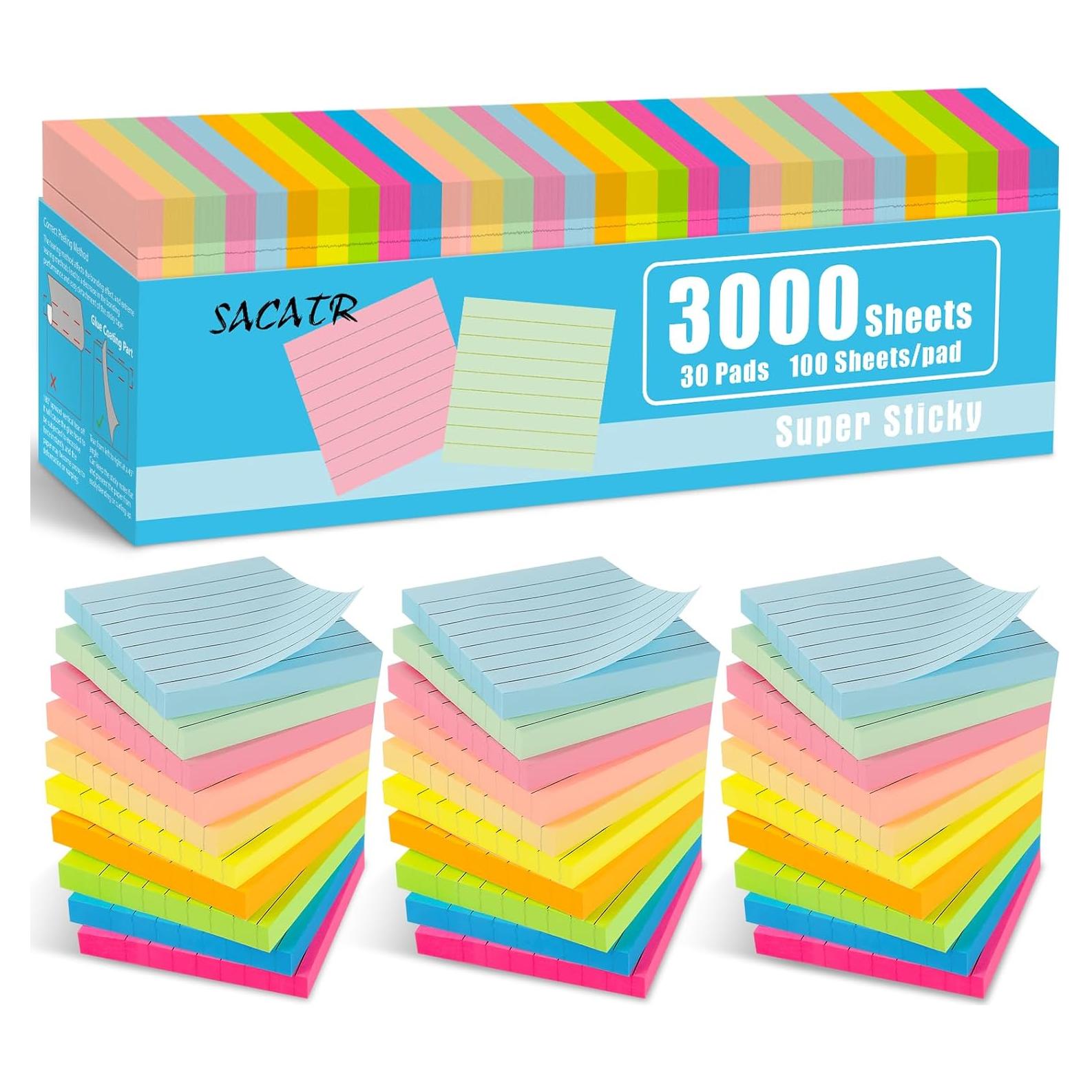 Notas Adhesivas Rayadas SACATR 3x3" (30 Colores, 3000 Hojas)