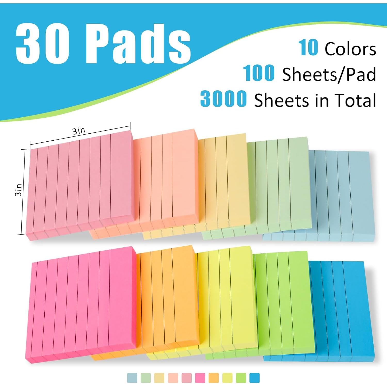 Notas Adhesivas Rayadas SACATR 3x3" (30 Colores, 3000 Hojas)