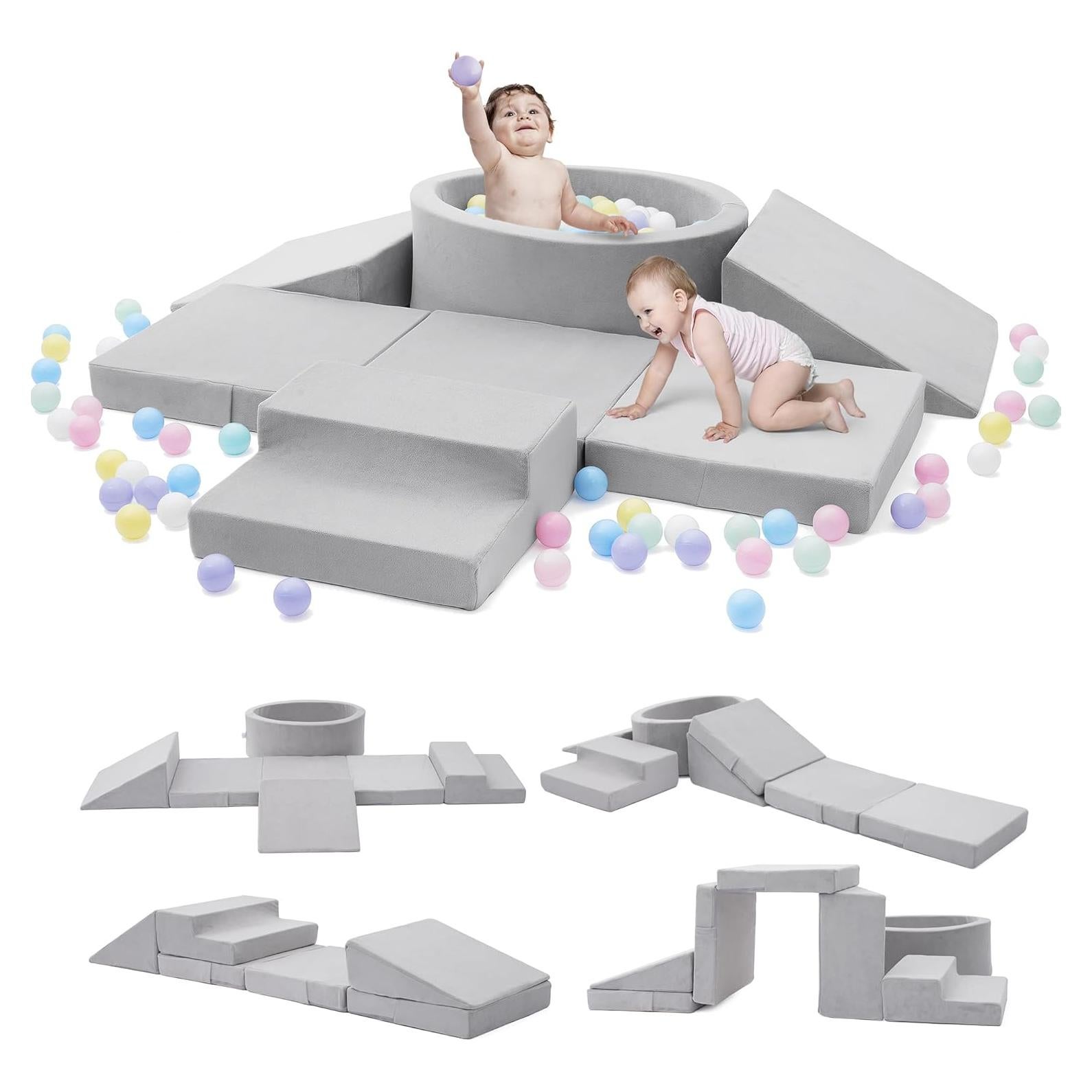 Conjunto de Juego Suave Elftopia con Bloques de Escalada y Piscina de Pelotas - Gris