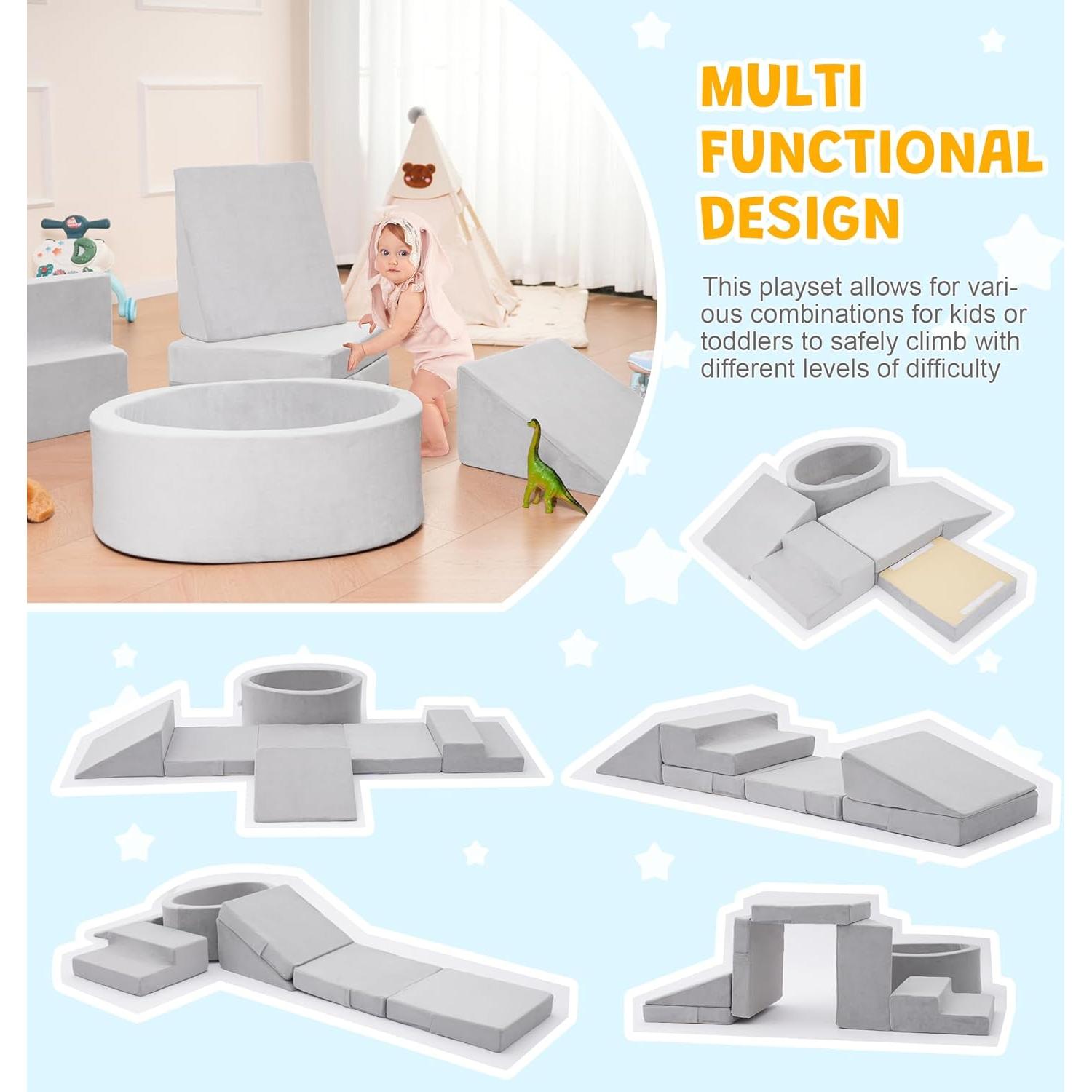 Conjunto de Juego Suave Elftopia con Bloques de Escalada y Piscina de Pelotas - Gris