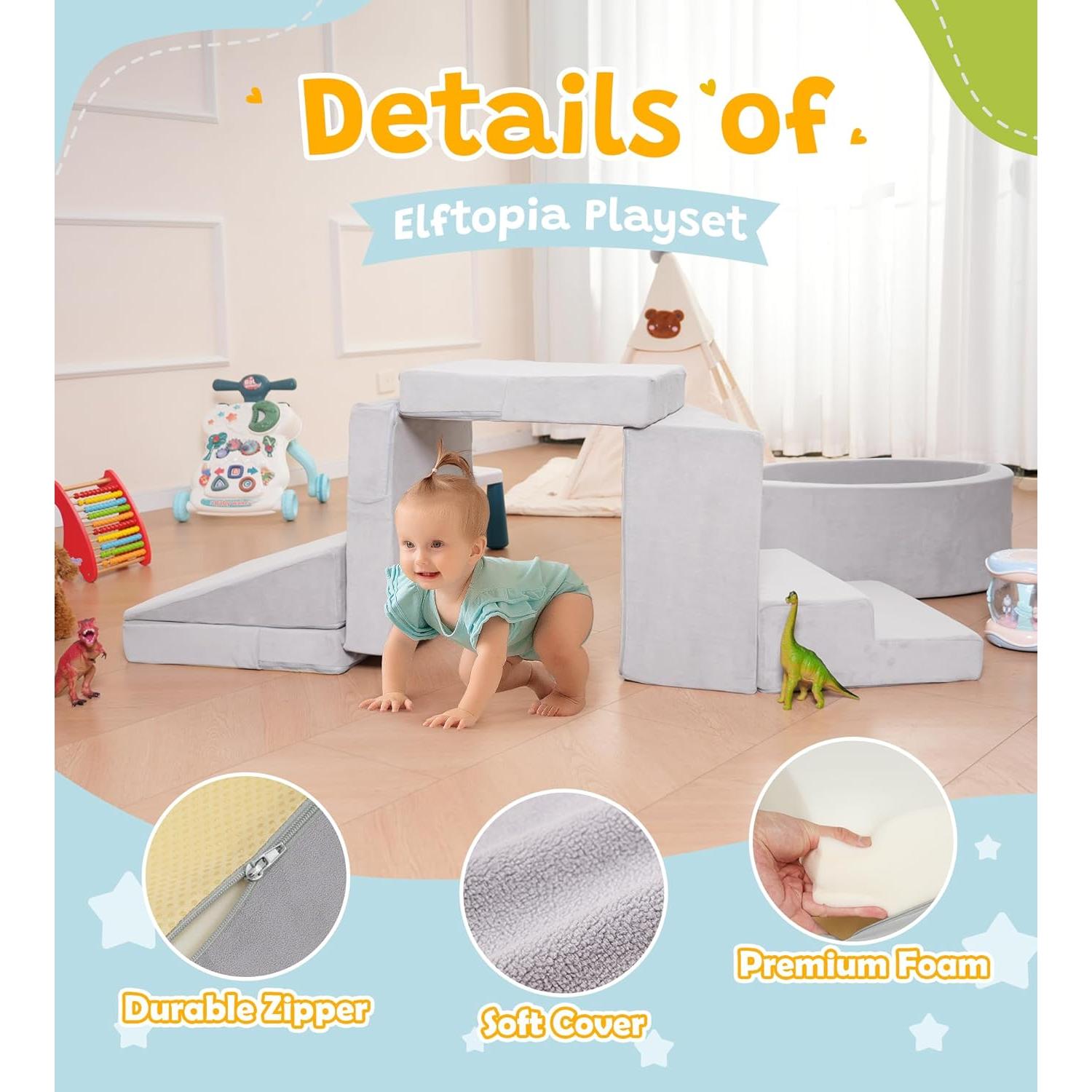 Conjunto de Juego Suave Elftopia con Bloques de Escalada y Piscina de Pelotas - Gris