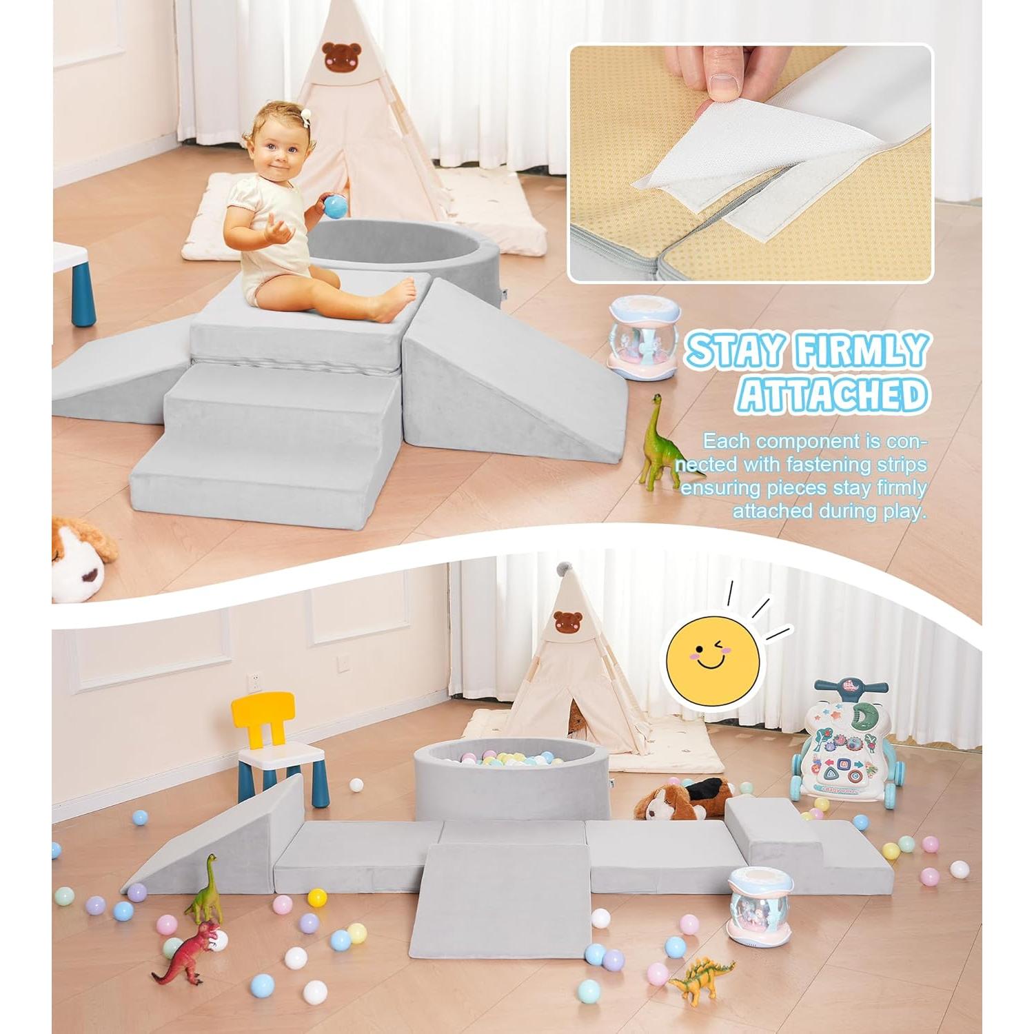 Conjunto de Juego Suave Elftopia con Bloques de Escalada y Piscina de Pelotas - Gris