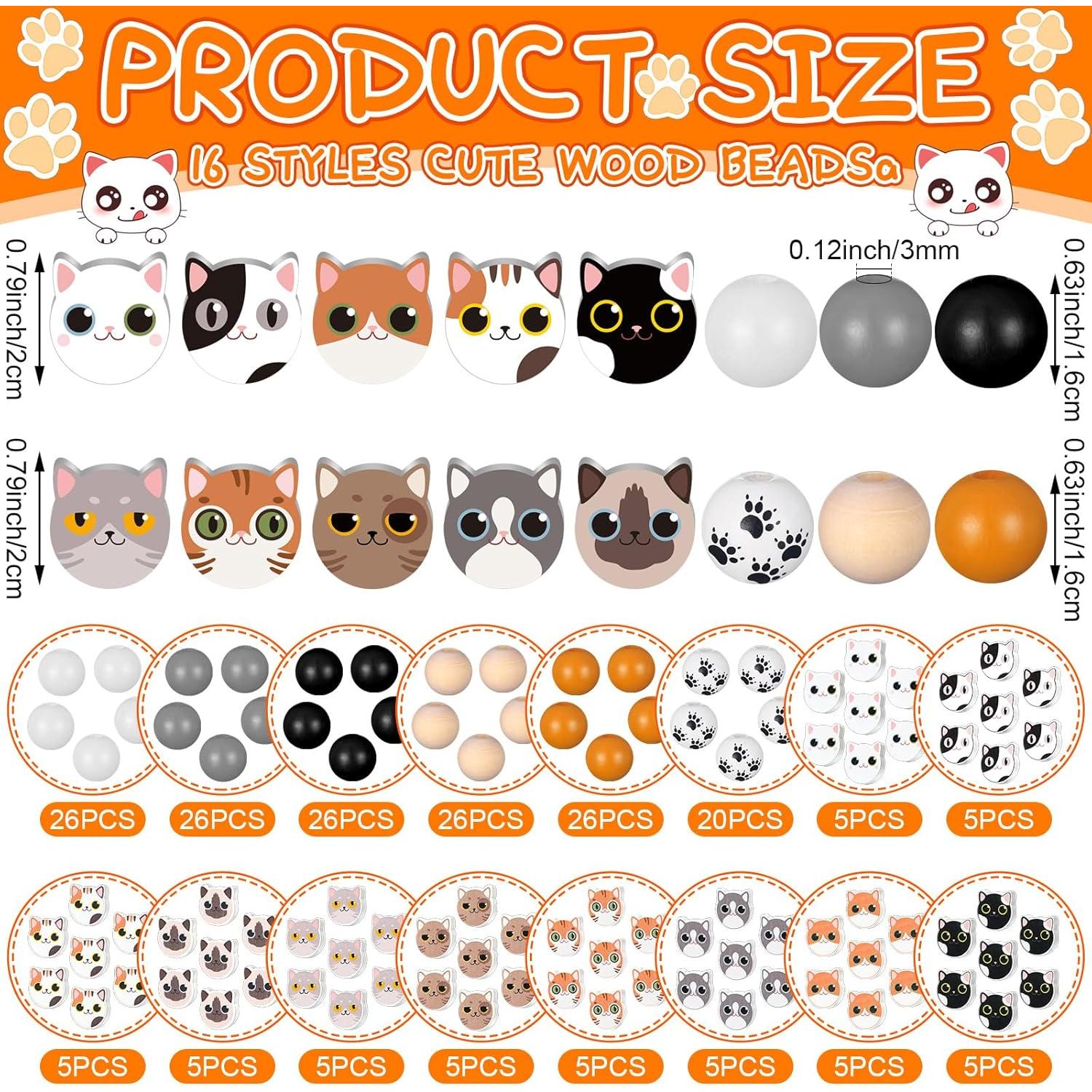 Waydress 200 Perlas de Madera Redondas Diseño Gato 16mm DIY