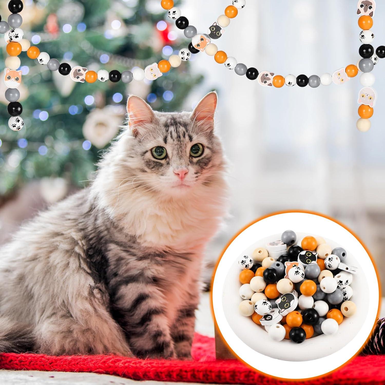 Waydress 200 Perlas de Madera Redondas Diseño Gato 16mm DIY