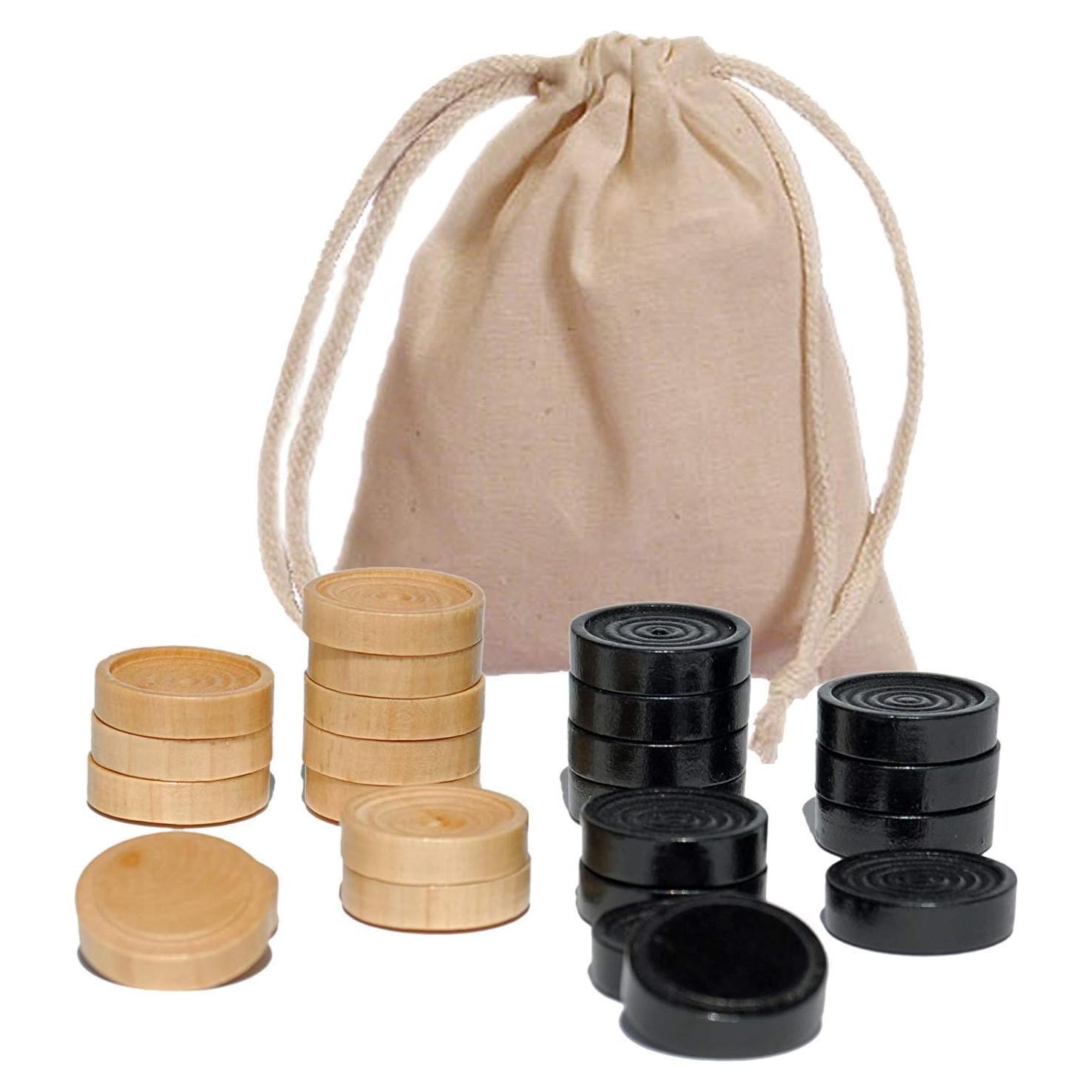 WE Games Wooden Checkers Pieces Only (1.06 inch), Checker Board Game & Backgammon Pieces, 24 Natural and Black Stained Stackable Ridges with a Drawstring Storage Bag, Replacement Game Piece