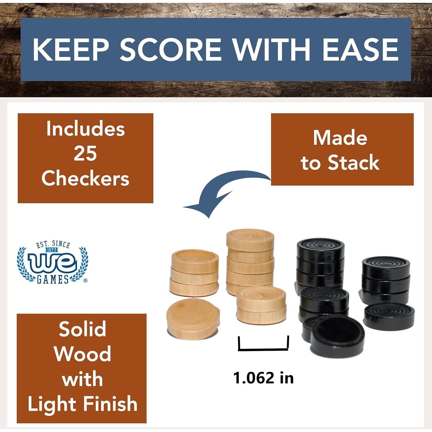 WE Games Wooden Checkers Pieces Only (1.06 inch), Checker Board Game & Backgammon Pieces, 24 Natural and Black Stained Stackable Ridges with a Drawstring Storage Bag, Replacement Game Piece