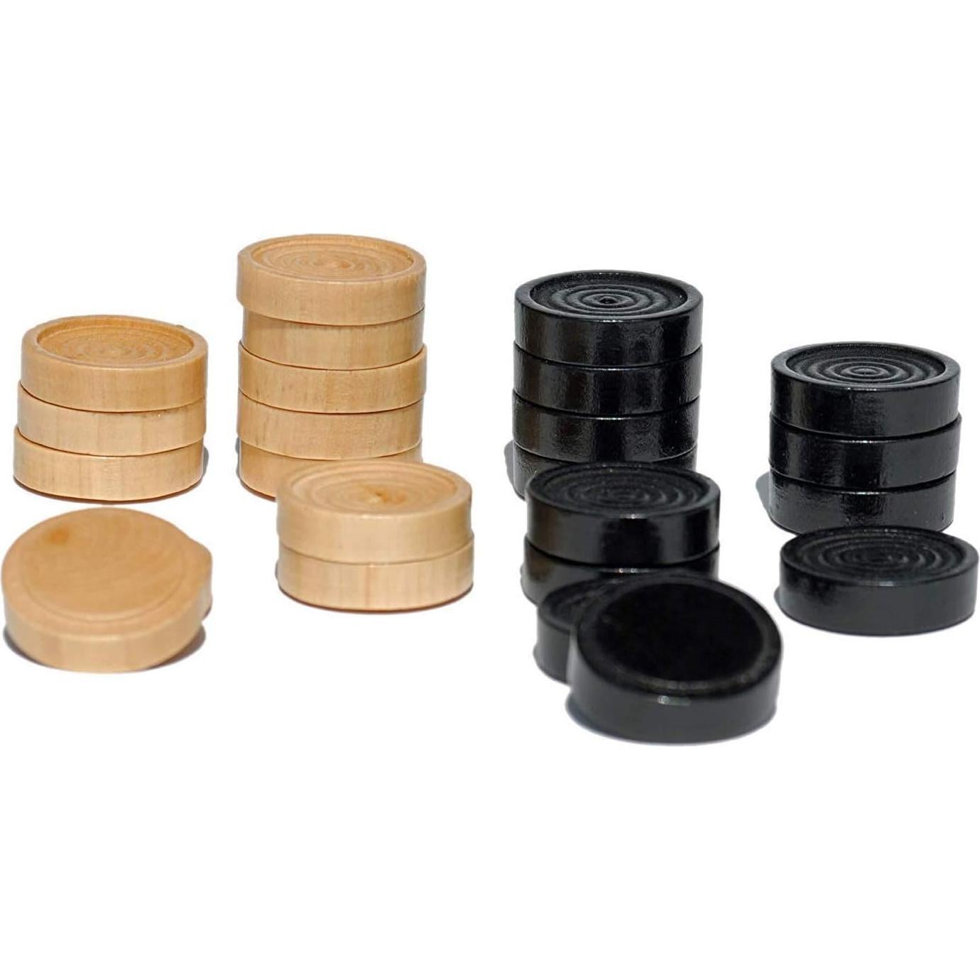 WE Games Wooden Checkers Pieces Only (1.06 inch), Checker Board Game & Backgammon Pieces, 24 Natural and Black Stained Stackable Ridges with a Drawstring Storage Bag, Replacement Game Piece