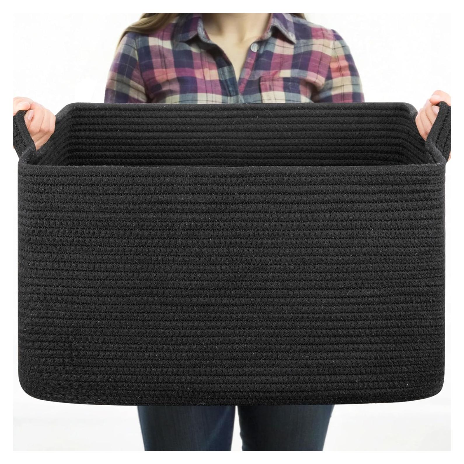 Large Blanket Basket, Black Blanket Storage Living Room, Rectangle Woven Baskets for Storage Toys, Towels, Diry Clothes Organizer Bins (Black)
