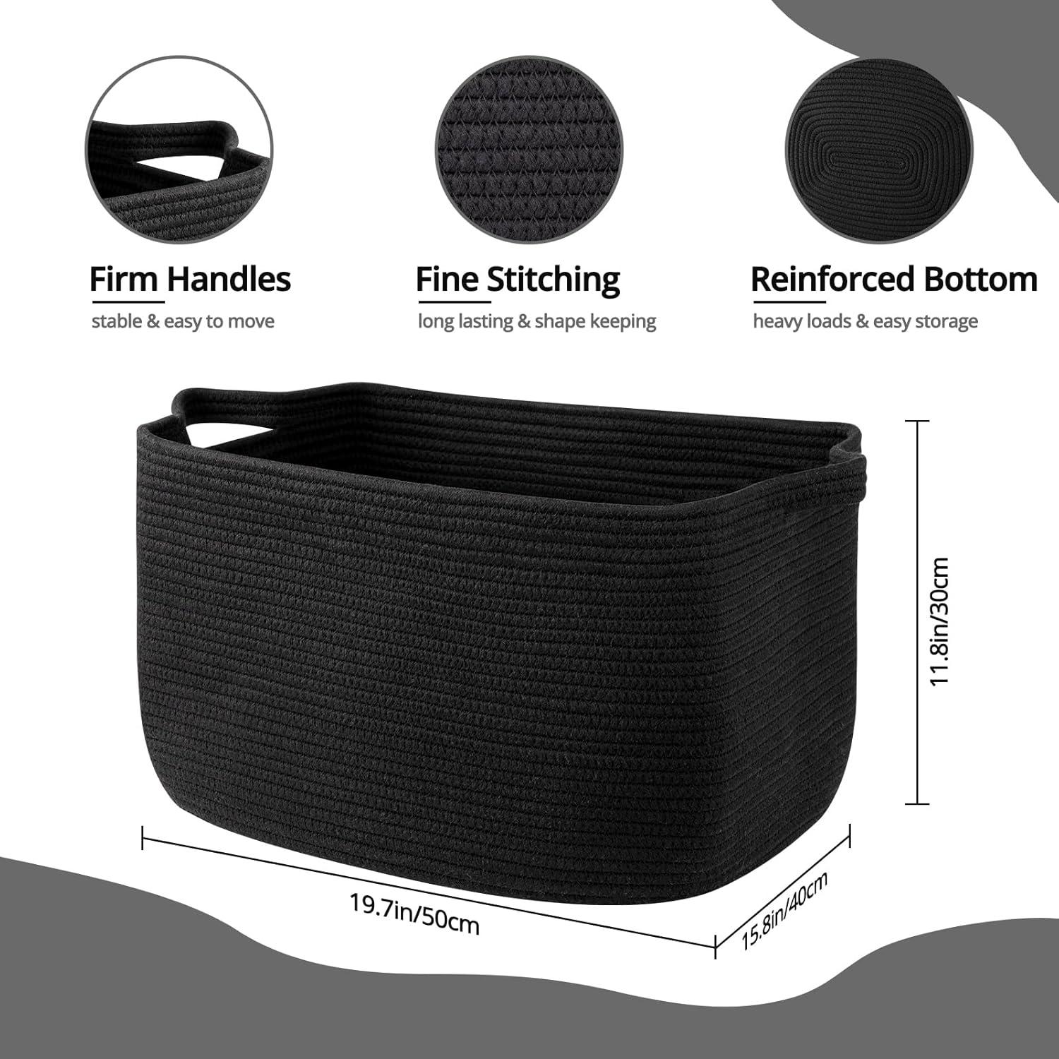 Large Blanket Basket, Black Blanket Storage Living Room, Rectangle Woven Baskets for Storage Toys, Towels, Diry Clothes Organizer Bins (Black)