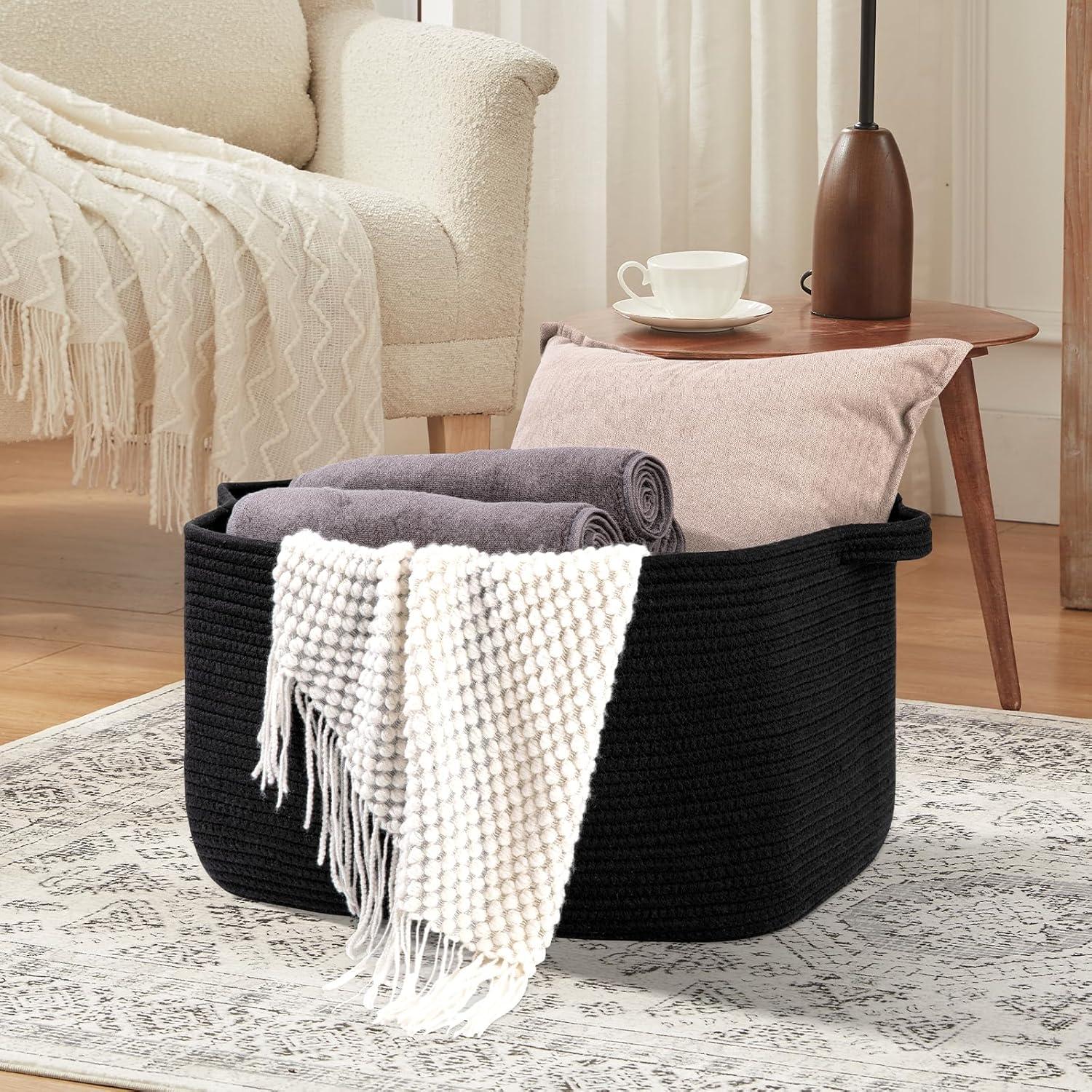 Large Blanket Basket, Black Blanket Storage Living Room, Rectangle Woven Baskets for Storage Toys, Towels, Diry Clothes Organizer Bins (Black)
