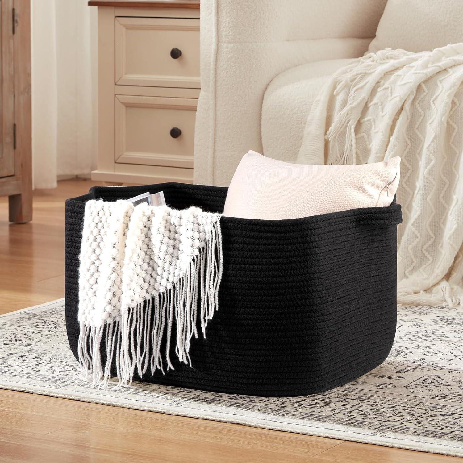 Large Blanket Basket, Black Blanket Storage Living Room, Rectangle Woven Baskets for Storage Toys, Towels, Diry Clothes Organizer Bins (Black)