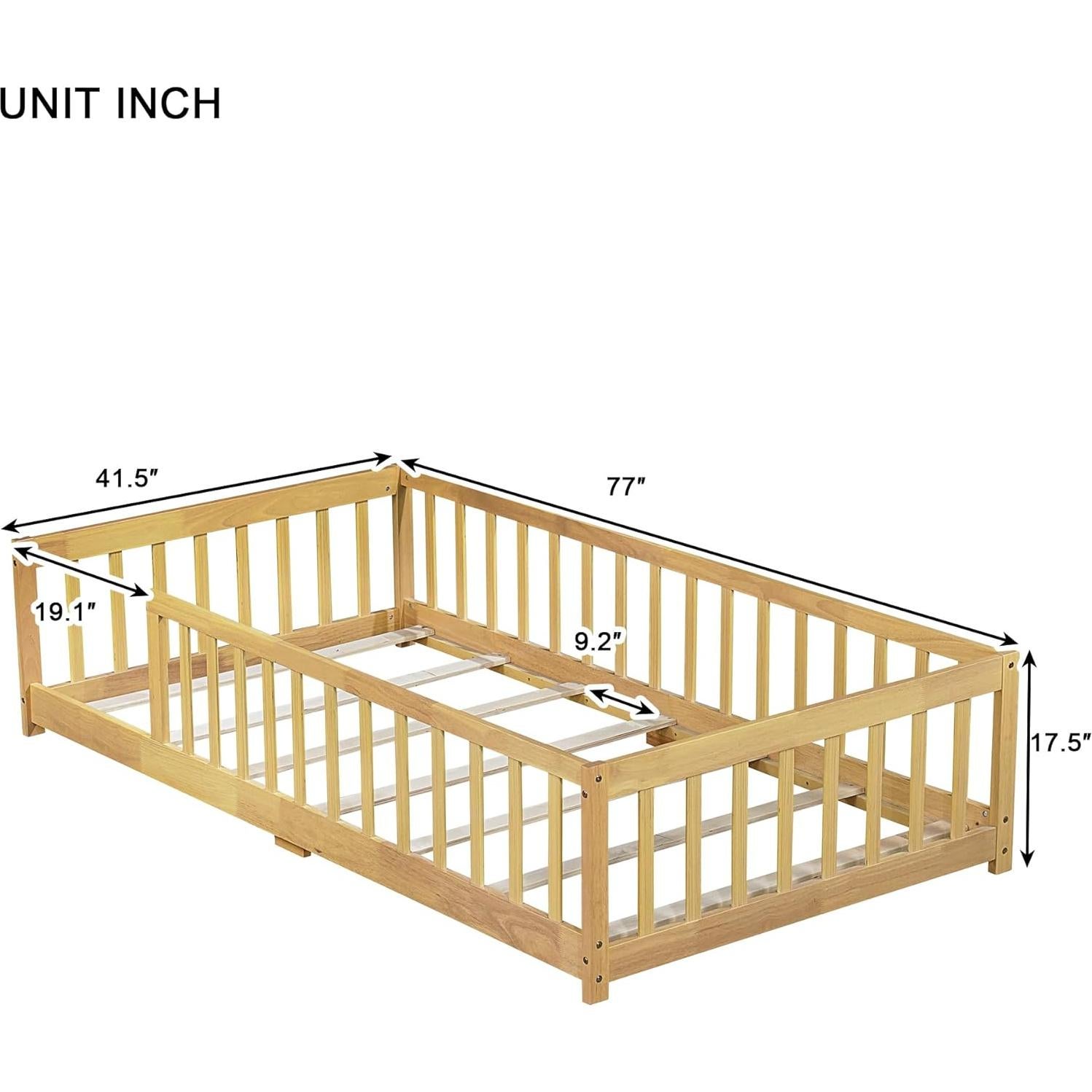 Cama de Piso Twin Bellemave de Madera con Barandillas Natural