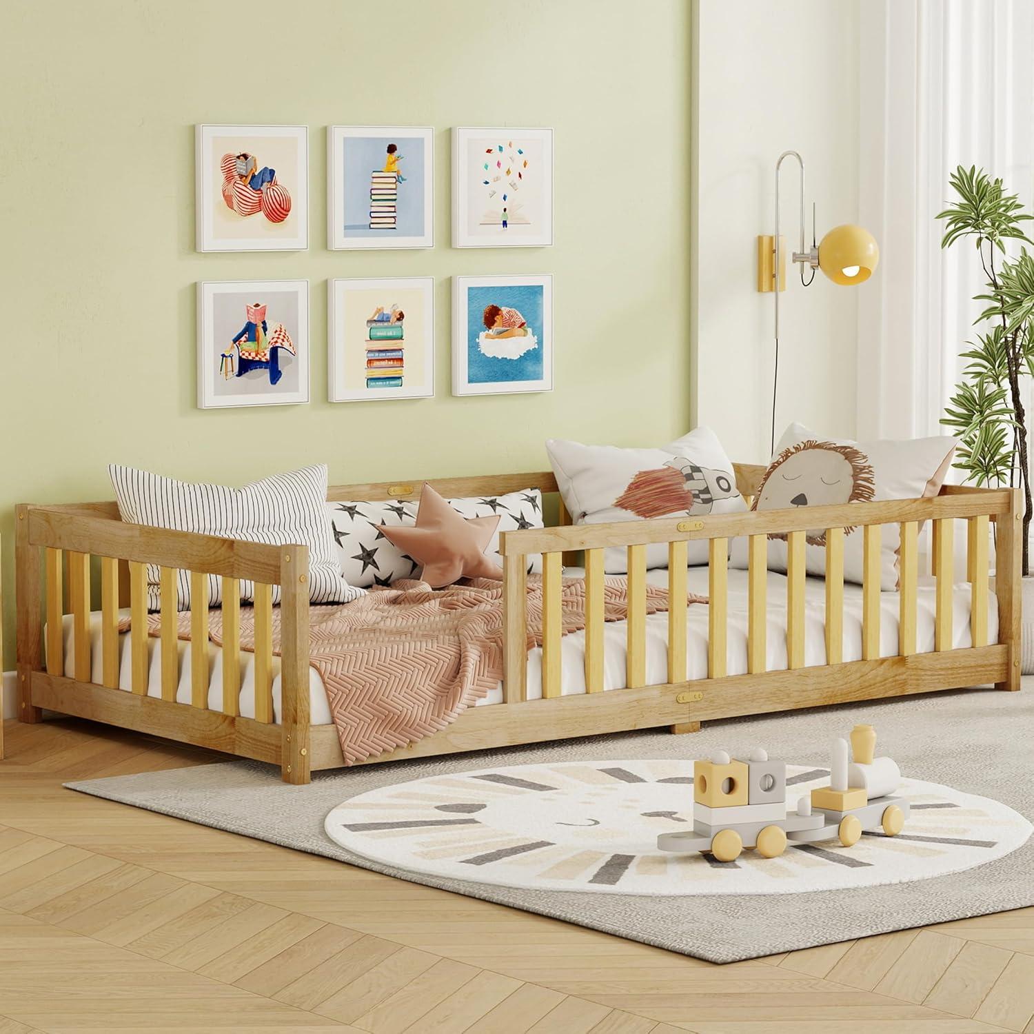 Cama de Piso Twin Bellemave de Madera con Barandillas Natural