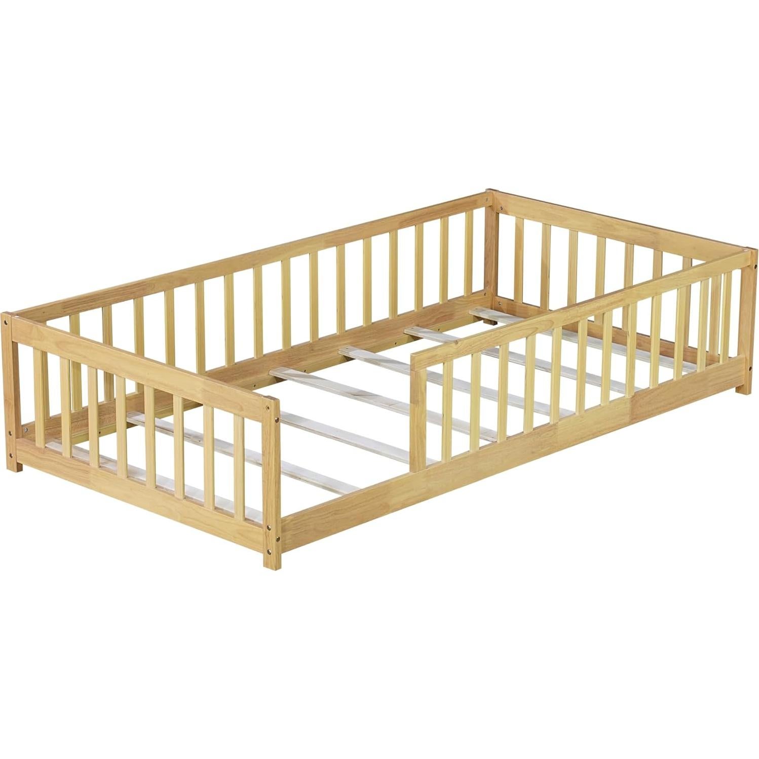 Cama de Piso Twin Bellemave de Madera con Barandillas Natural