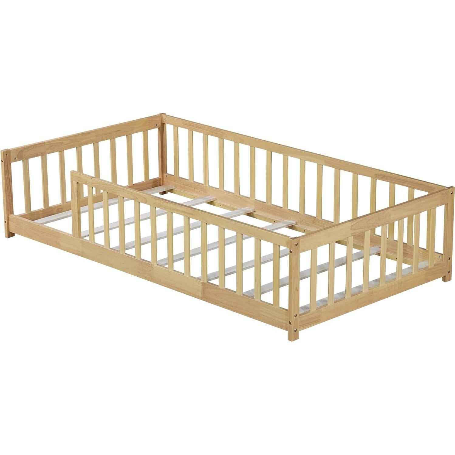 Cama de Piso Twin Bellemave de Madera con Barandillas Natural
