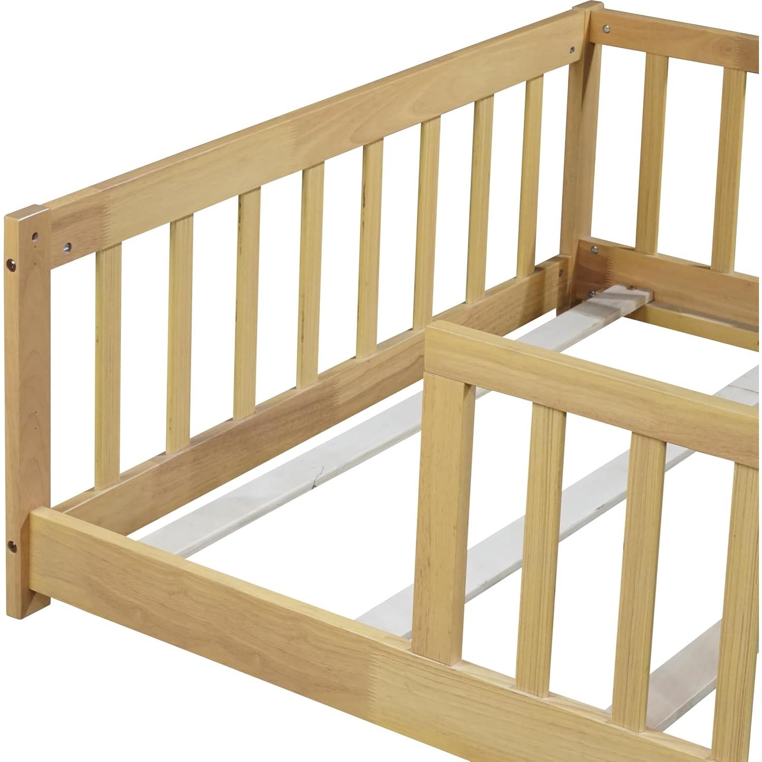 Cama de Piso Twin Bellemave de Madera con Barandillas Natural