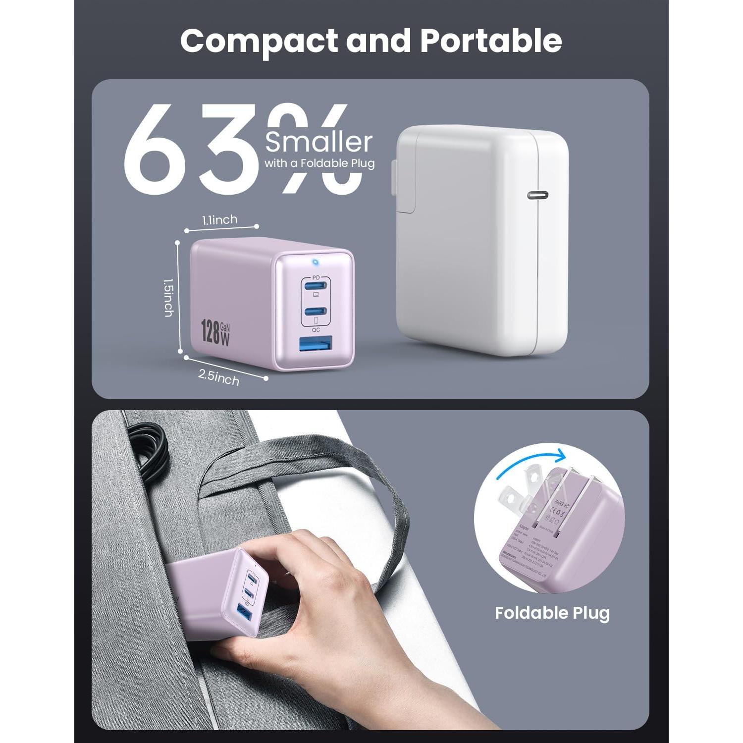 Cargador USB C 128W Pxwaxpy 3 Puertos Rápido Púrpura