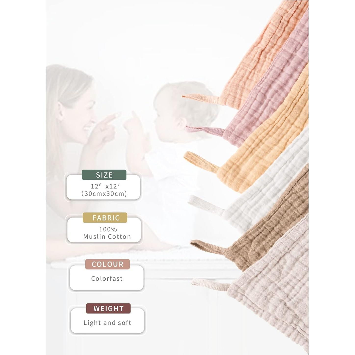 Paquete de 6 Paños de Muselina Konssy 100% Algodón 28x28cm