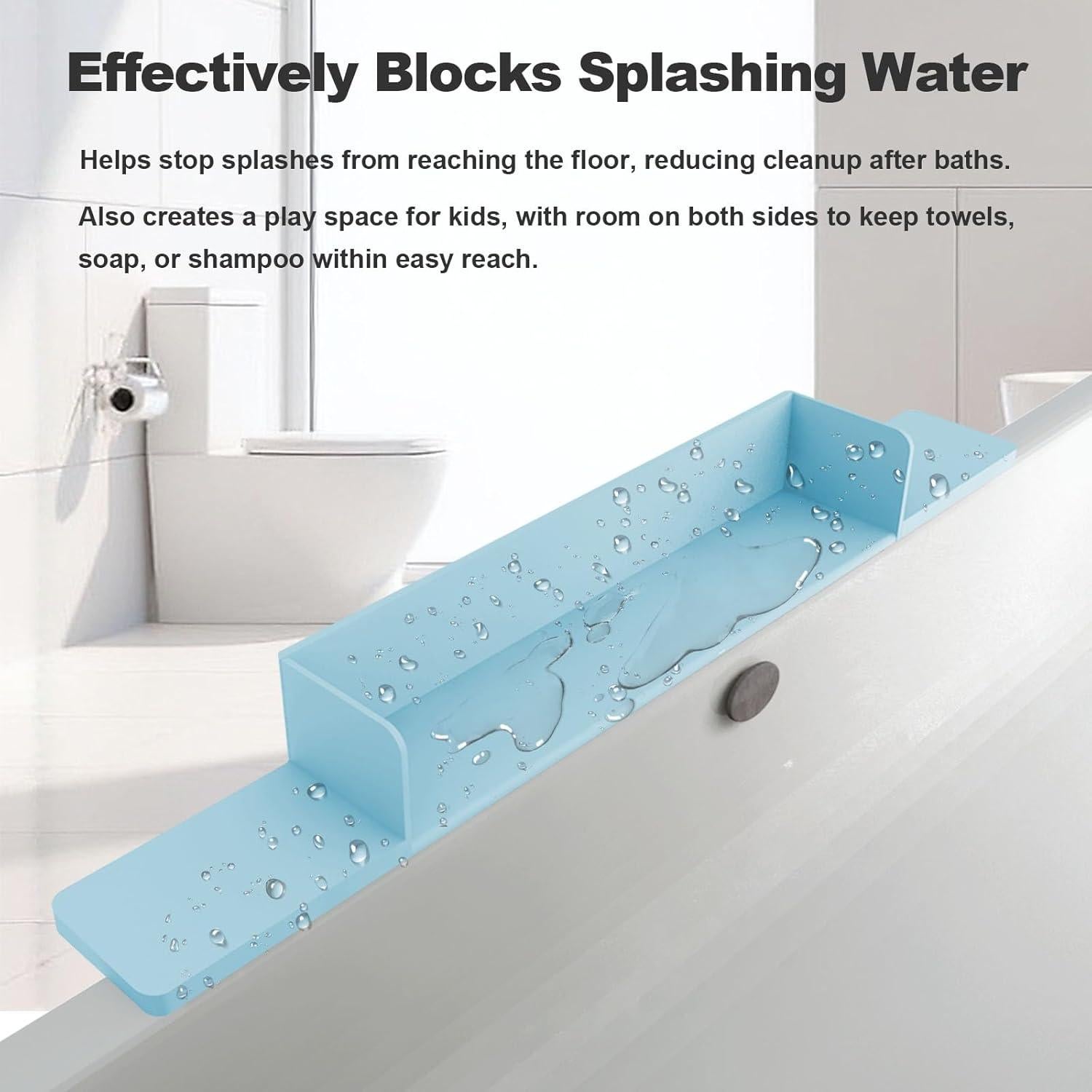 Bathtub Splash Guard for Kids – 29.5 Inch Silicone Water Guard with Suction Cups, Flat Surface Bath Toy Holder Helps Prevent Splashes and Messy Floors (Baby Blue, 29.5 inch)