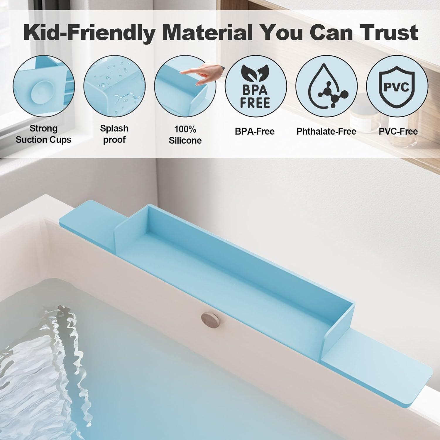 Bathtub Splash Guard for Kids – 29.5 Inch Silicone Water Guard with Suction Cups, Flat Surface Bath Toy Holder Helps Prevent Splashes and Messy Floors (Baby Blue, 29.5 inch)