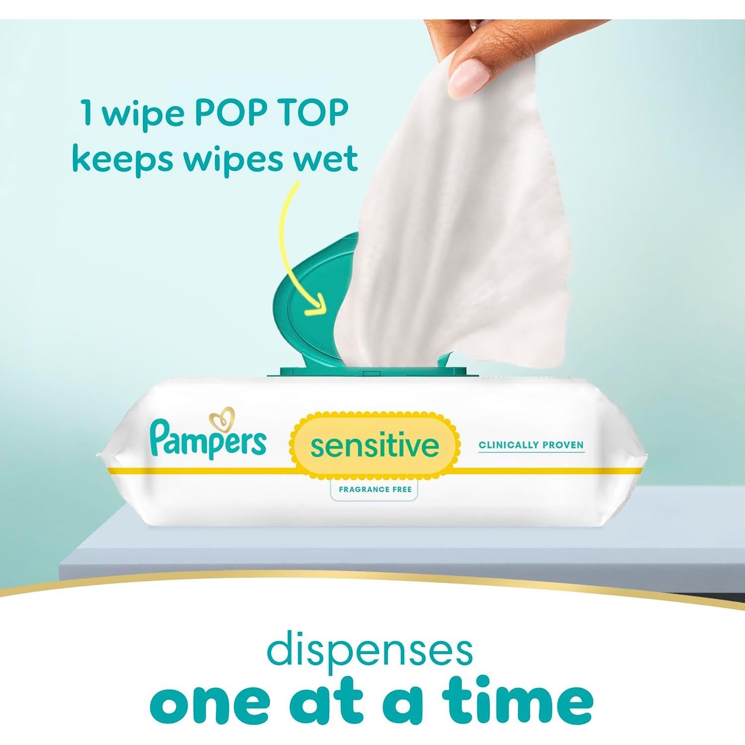 Pampers Sensitive Baby Wipes, Water Based, Hypoallergenic and Unscented, 1 Flip-Top (56 Wipes Total)