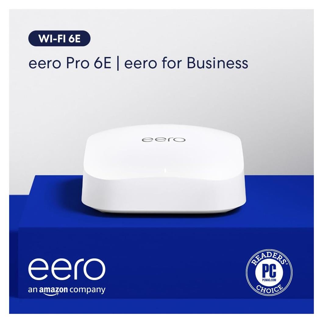 Amazon eero Pro 6E mesh wifi router with 1 month free eero for Business (auto-renews annually) - Coverage up to 2,000 sq. ft., Connect 100+ devices, 1-pack