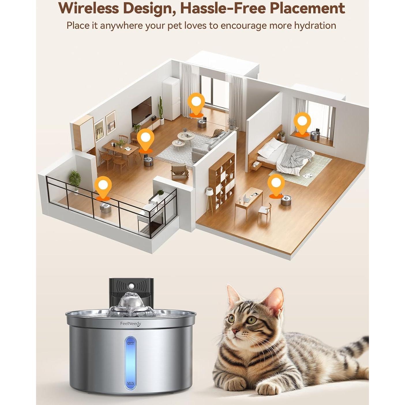Fuente de Agua Inalámbrica Acero Inoxidable 3.5L FEELNEEDY