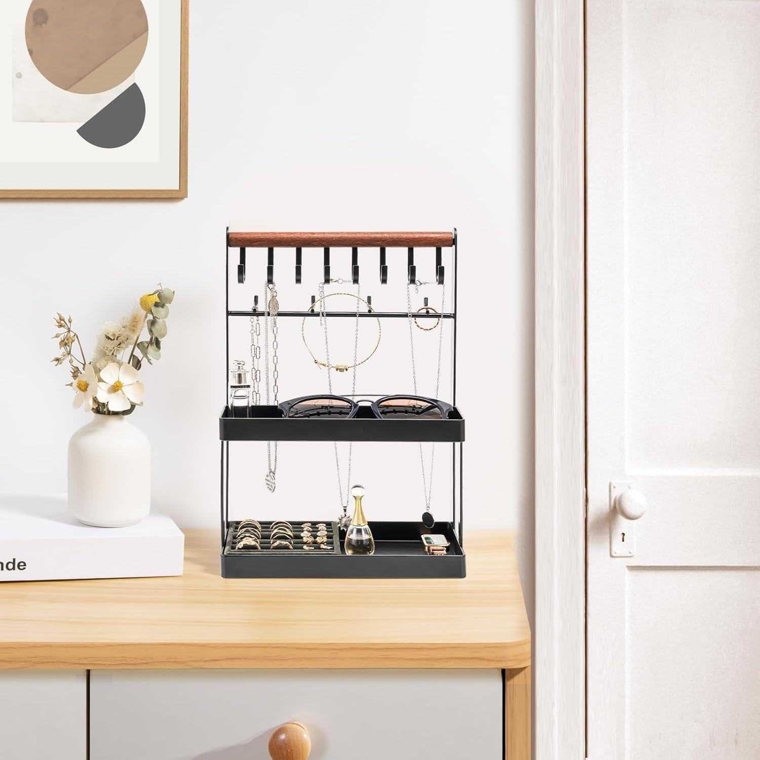 Organizador de Joyería Lolalet 4 Niveles Negro con 12 Ganchos