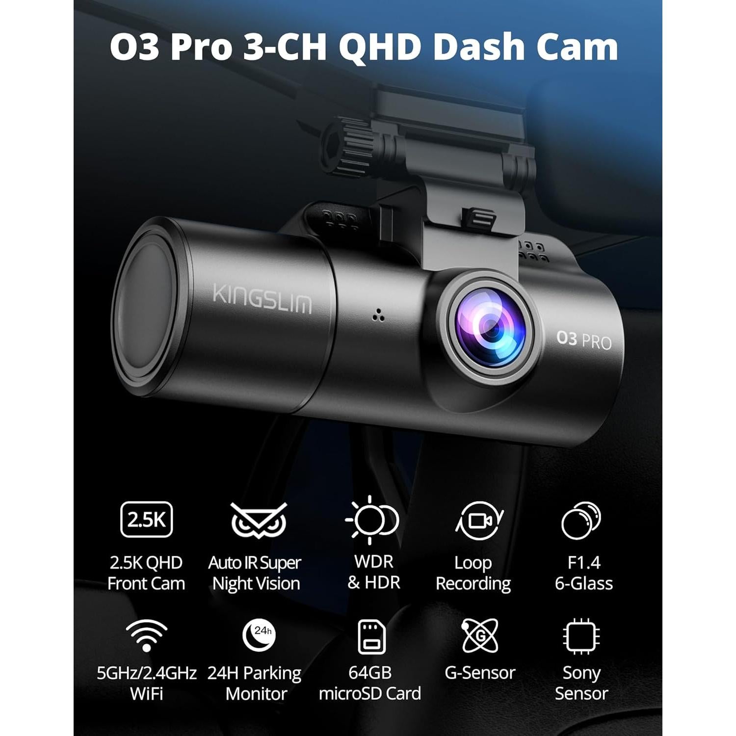 Cámara de tablero Kingslim O3 Pro 2.5K con WiFi y 64GB