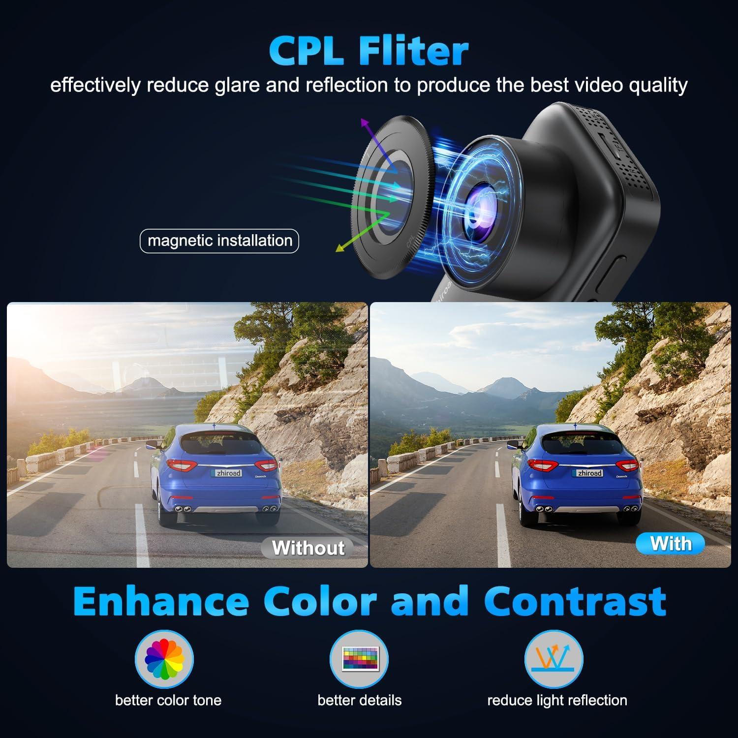 Cámara de tablero dual 4K Zhiroad con filtro CPL y WiFi