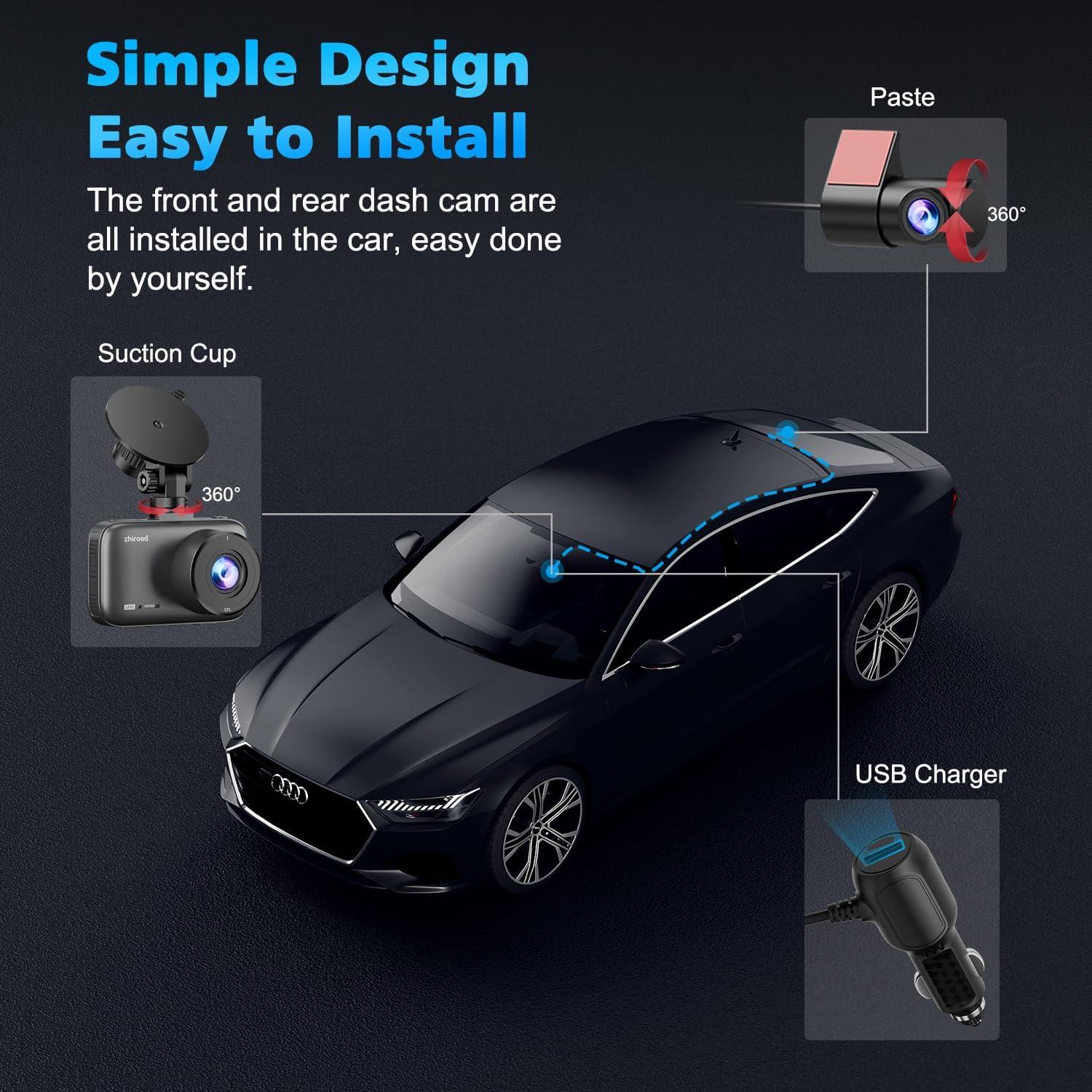 Cámara de tablero dual 4K Zhiroad con filtro CPL y WiFi