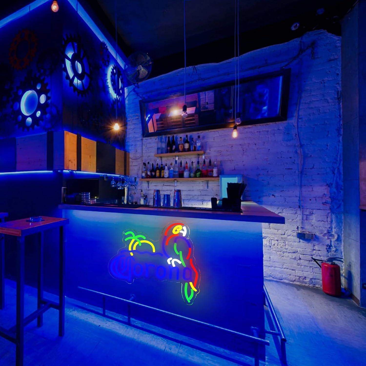 Letrero de Neón LED Corona con Loro Azul 35.5x33 cm